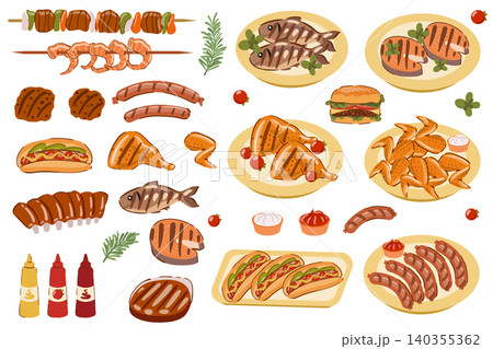 Grilled food element set with meat and seafood, isolated on a white background. Collection of barbecue sausages, burgers, and ribs. 140355362