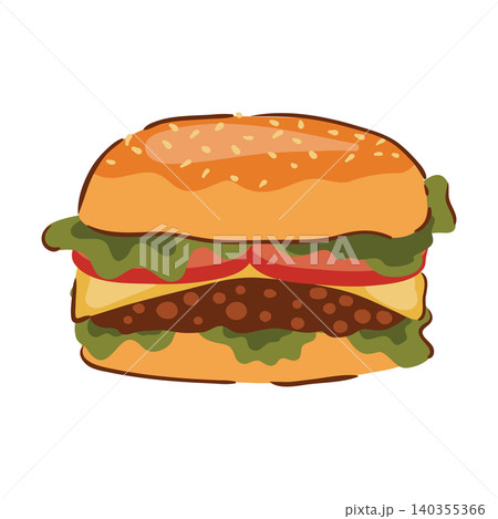 Gourmet cheeseburger illustration with sesame bun, lettuce, and tomato, isolated on a white background. Gourmet cheeseburger illustration with sesame bun, lettuce, and tomato, isolated on a white background. 140355366