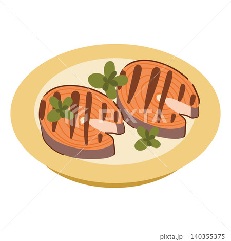 Grilled salmon steaks vector illustration served with herbs on a plate, isolated on a white background. Grilled salmon steaks vector illustration served with herbs on a plate, isolated on a white background. 140355375