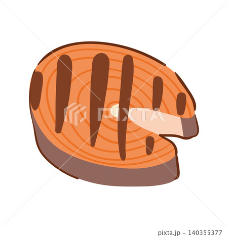 Grilled salmon steak illustration with char marks, isolated on a white background. Grilled salmon steak illustration with char marks, isolated on a white background. 140355377