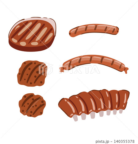 Barbecue meat vector element set with grilled ribs, steak, and sausages, isolated on a white background. Barbecue meat vector element set with grilled ribs, steak, and sausages, isolated on a white background. 140355378