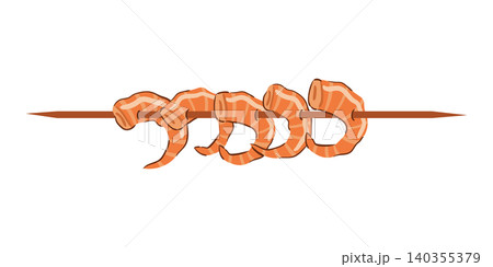Grilled shrimp skewer illustration with roasted prawns on a wooden stick, isolated on a white background. 140355379