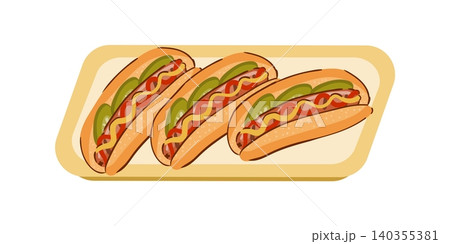 Hot dog platter illustration on a serving tray, isolated on a white. Carnival street food combo. 140355381