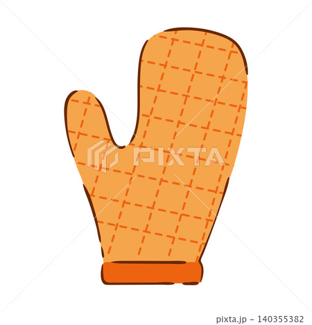 Orange quilted oven mitt vector illustration with a stitched grid pattern, isolated on a white. Protective kitchen glove. 140355382