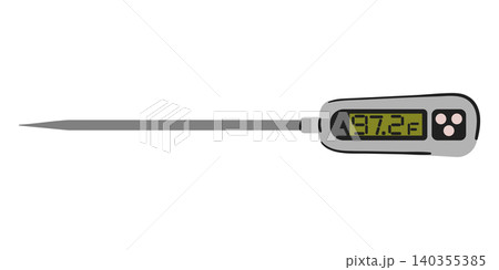 Digital food thermometer vector illustration with probe and screen, isolated on a white. Electronic kitchen tool graphic. Digital food thermometer vector illustration with probe and screen, isolated on a white. Electronic kitchen tool graphic. 140355385