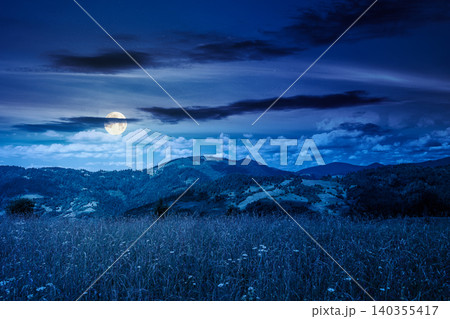 mountain landscape with grassy field at night. full moon over trees on the rolling hills and rural valley beneath a dark sky in the background. mysterious view of carpathian mountains in summer mountain landscape with grassy field at night. full moon over trees on the rolling hills and rural valley beneath a dark sky in the background. mysterious view of carpathian mountains in summer 140355417