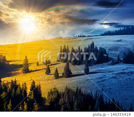hillside of mountain range with coniferous forest and meadow. day meet night. wonderful view of a grassy meadow on steep hill. sun and moon over nature background of apuseni natural park, romania hillside of mountain range with coniferous forest and meadow. day meet night. wonderful view of a grassy meadow on steep hill. sun and moon over nature background of apuseni natural park, romania 140355419