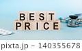 best price text on wooden cubes with medial blackboard. the concept of the best cost of medical services 140355678