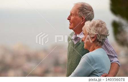 Love, anniversary and senior couple on balcony of home together with view of nature for romantic getaway. Smile, marriage or bonding with happy elderly man and woman outdoor on holiday or vacation 140356078