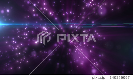 Abstract purple light particles radiating through dark space with glowing bokeh, streaks, and cinematic lens flare 140356097