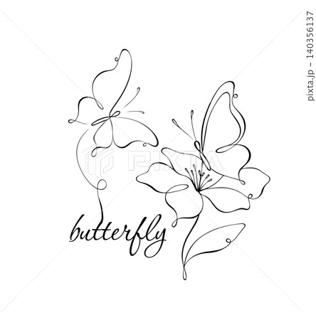 butterfly on flower logo with a brush line. Butterfly silhouette, art brush instead of body, flat vector, isolate on white, contour drawing, Hand drawn. Not AI 140356137