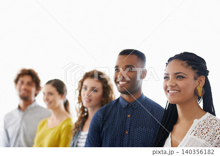 Row, woman and group with diversity in studio for recruitment in line, waiting or happy for career opportunity. People, mockup space or onboarding interview with smile, confidence on white background Row, woman and group with diversity in studio for recruitment in line, waiting or happy for career opportunity. People, mockup space or onboarding interview with smile, confidence on white background 140356182