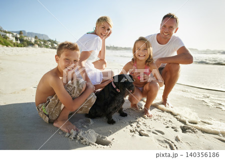 Parents, children and portrait on beach with dog for relax holiday vacation in summer for family, bonding or travel. Mother, father and siblings with animal pet on Florida seaside, together or break 140356186