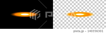 Glowing orange horizontal light flare with bright yellow center on black and transparent background. Concept of fast futuristic motion 140356301