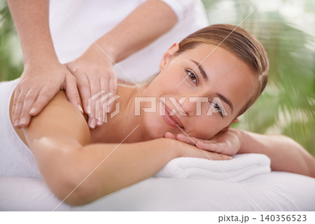 Spa, portrait and woman or hands with massage for relax, luxury treatment and happiness with towel. Person, face and masseuse for body care, pain relief and comfort with smile, wellness and skincare Spa, portrait and woman or hands with massage for relax, luxury treatment and happiness with towel. Person, face and masseuse for body care, pain relief and comfort with smile, wellness and skincare 140356523