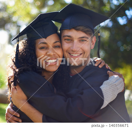 Graduation, university and portrait of couple hug for learning, studying and knowledge on campus. Education, academy students and man and woman embrace for celebration, graduate ceremony and college 140356671