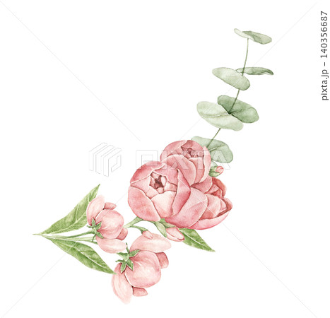 Watercolor corner composition with roses, buds, eucalyptus branches and green foliage. Hand painted botanical illustration for invitations, stationery, packaging and wedding designs. Watercolor corner composition with roses, buds, eucalyptus branches and green foliage. Hand painted botanical illustration for invitations, stationery, packaging and wedding designs. 140356687