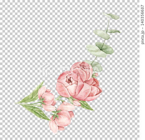 Watercolor corner composition with roses, buds, eucalyptus branches and green foliage. Hand painted botanical illustration for invitations, stationery, packaging and wedding designs. Watercolor corner composition with roses, buds, eucalyptus branches and green foliage. Hand painted botanical illustration for invitations, stationery, packaging and wedding designs. 140356687