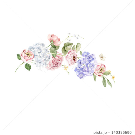 Watercolor floral arrangement pink ranunculus, blue hydrangea, white hydrangea and eucalyptus branches. Suitable for invitations, greeting cards, packaging, stationery, branding and printed products. Watercolor floral arrangement pink ranunculus, blue hydrangea, white hydrangea and eucalyptus branches. Suitable for invitations, greeting cards, packaging, stationery, branding and printed products. 140356690