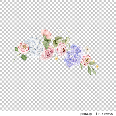 Watercolor floral arrangement pink ranunculus, blue hydrangea, white hydrangea and eucalyptus branches. Suitable for invitations, greeting cards, packaging, stationery, branding and printed products. Watercolor floral arrangement pink ranunculus, blue hydrangea, white hydrangea and eucalyptus branches. Suitable for invitations, greeting cards, packaging, stationery, branding and printed products. 140356690