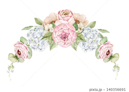 Watercolor Floral arch with pink ranunculus, hydrangea clusters, eucalyptus leaves and small wildflowers. Suitable for invitations, greeting cards, packaging, stationery, and wedding materials. 140356691