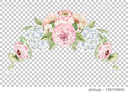 Watercolor Floral arch with pink ranunculus, hydrangea clusters, eucalyptus leaves and small wildflowers. Suitable for invitations, greeting cards, packaging, stationery, and wedding materials. 140356691