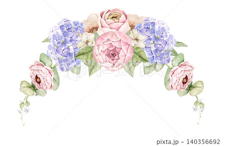 Watercolor floral arch with hydrangea, pink ranunculus, white rose, eucalyptus foliage. Suitable for invitations, stationery, greeting cards, packaging, branding and celebration projects. Watercolor floral arch with hydrangea, pink ranunculus, white rose, eucalyptus foliage. Suitable for invitations, stationery, greeting cards, packaging, branding and celebration projects. 140356692
