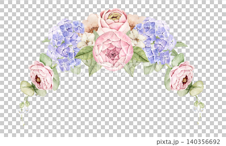 Watercolor floral arch with hydrangea, pink ranunculus, white rose, eucalyptus foliage. Suitable for invitations, stationery, greeting cards, packaging, branding and celebration projects. Watercolor floral arch with hydrangea, pink ranunculus, white rose, eucalyptus foliage. Suitable for invitations, stationery, greeting cards, packaging, branding and celebration projects. 140356692