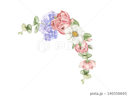 Watercolor floral corner with hydrangea, ranunculus, daisy blooms and eucalyptus foliage. Suitable for invitations, greeting cards, stationery, packaging, branding, wedding and celebration materials. 140356693