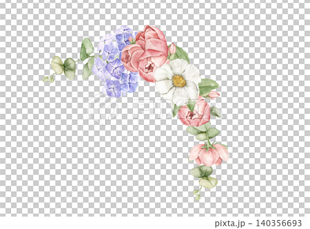 Watercolor floral corner with hydrangea, ranunculus, daisy blooms and eucalyptus foliage. Suitable for invitations, greeting cards, stationery, packaging, branding, wedding and celebration materials. 140356693