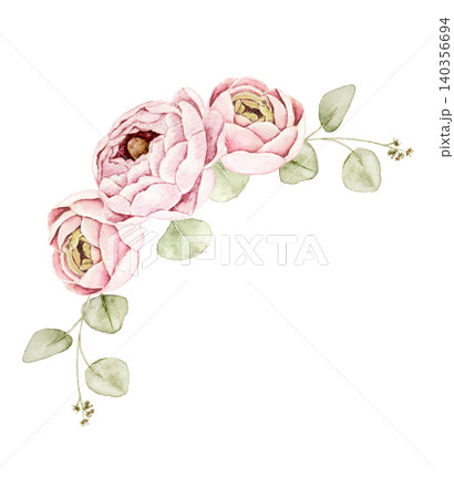 Watercolor corner arrangement with pink roses and ranunculus flowers, eucalyptus leaves. Floral illustration for wedding invitations, stationery, greeting cards, packaging and printable projects. 140356694