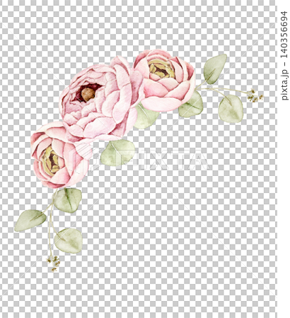 Watercolor corner arrangement with pink roses and ranunculus flowers, eucalyptus leaves. Floral illustration for wedding invitations, stationery, greeting cards, packaging and printable projects. 140356694