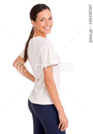 Happy, model and portrait with fashion in studio, white background or mock up. Happy, woman and creative style for work as professional art director with a smile for confidence and pride career Happy, model and portrait with fashion in studio, white background or mock up. Happy, woman and creative style for work as professional art director with a smile for confidence and pride career 140356707