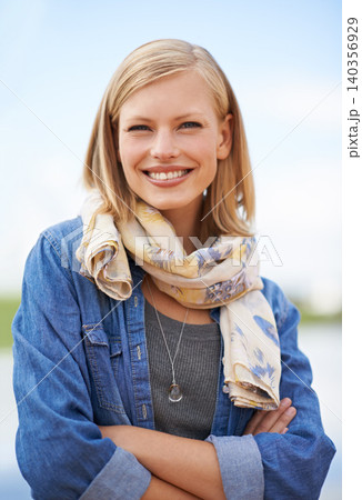 Portrait, outdoor and woman with arms crossed, smile and fashion with weekend break and casual outfit. Face, park and person with stylish clothes and girl with happiness and summer with nature or joy Portrait, outdoor and woman with arms crossed, smile and fashion with weekend break and casual outfit. Face, park and person with stylish clothes and girl with happiness and summer with nature or joy 140356929