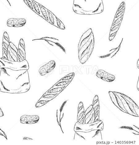Vector seamless pattern hand drawn baguette and ciabatta in a rustic craft bag.Detailed liner sketch perfect for food blog illustrations. Minimalistic outline for artisan bakery design isolated on Vector seamless pattern hand drawn baguette and ciabatta in a rustic craft bag.Detailed liner sketch perfect for food blog illustrations. Minimalistic outline for artisan bakery design isolated on 140356947