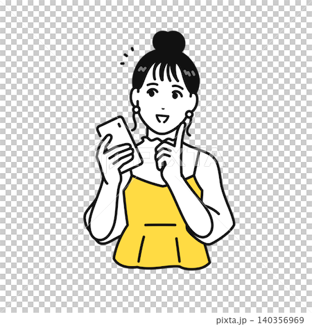 A young woman with her hair tied up, smiling and holding her smartphone. A young woman with her hair tied up, smiling and holding her smartphone. 140356969