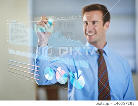3D, holographic and businessman writing on charts for software technology with information. Futuristic, career and professional male finance analyst planning investment statistics with graph display. 140357195