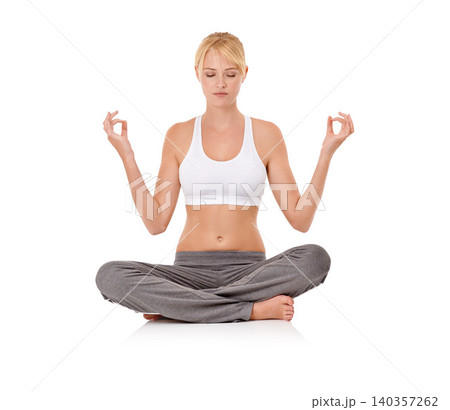 Woman, zen and yoga with meditation in studio for exercise, healthy body and wellness with relax or start. Pilates, person and fitness with posture or spiritual and mindfulness on white background Woman, zen and yoga with meditation in studio for exercise, healthy body and wellness with relax or start. Pilates, person and fitness with posture or spiritual and mindfulness on white background 140357262