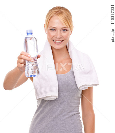Fitness, happy and portrait of woman with water in studio for health, wellness and body workout or training. Smile, sports and female athlete with hydration drink for exercise by white background. 140357331