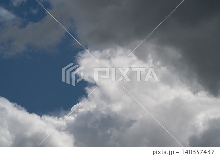 White cumulus cloud opens to blue, bright edged formations with soft texture, gentle sunlight highlighting contours, calm atmosphere with subtle contrast and airy depth 140357437
