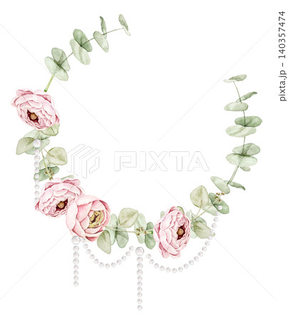 Floral wreath with pink ranunculus flowers, eucalyptus leaves and hanging pearl strands. Watercolor hand painted composition for invitations, greeting cards, stationery, scrapbook and wedding designs. 140357474