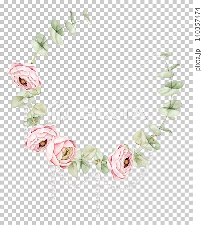 Floral wreath with pink ranunculus flowers, eucalyptus leaves and hanging pearl strands. Watercolor hand painted composition for invitations, greeting cards, stationery, scrapbook and wedding designs. 140357474