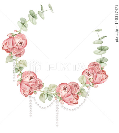 Floral wreath with pink ranunculus flowers, eucalyptus leaves and hanging pearl strands. Watercolor hand painted composition for invitations, greeting cards, stationery and wedding designs. 140357475