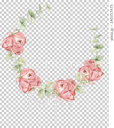 Floral wreath with pink ranunculus flowers, eucalyptus leaves and hanging pearl strands. Watercolor hand painted composition for invitations, greeting cards, stationery and wedding designs. Floral wreath with pink ranunculus flowers, eucalyptus leaves and hanging pearl strands. Watercolor hand painted composition for invitations, greeting cards, stationery and wedding designs. 140357475