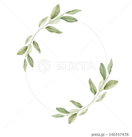 Oval frame with green leaves and eucalyptus branches. Watercolor hand painted composition for invitations, greeting cards, stationery, scrapbook projects, wall art and wedding designs. Oval frame with green leaves and eucalyptus branches. Watercolor hand painted composition for invitations, greeting cards, stationery, scrapbook projects, wall art and wedding designs. 140357476