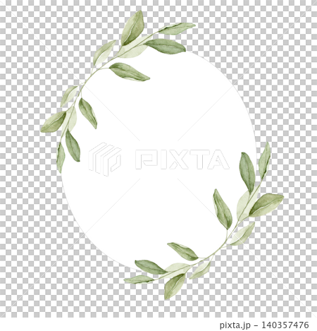 Oval frame with green leaves and eucalyptus branches. Watercolor hand painted composition for invitations, greeting cards, stationery, scrapbook projects, wall art and wedding designs. 140357476