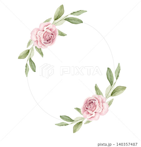 Oval frame with pink rose flowers and green leaves. Watercolor hand painted composition for invitations, greeting cards, stationery, wall art, scrapbook projects and wedding designs. 140357487