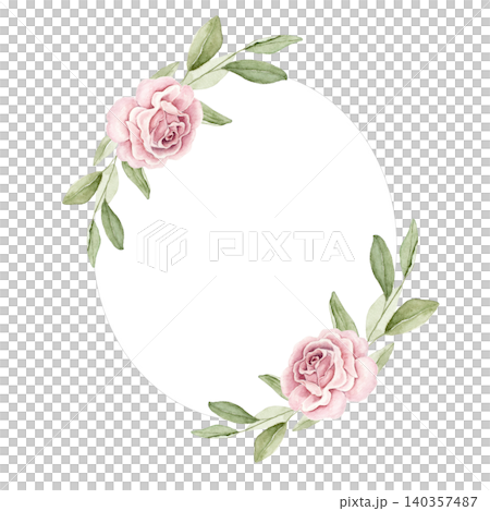 Oval frame with pink rose flowers and green leaves. Watercolor hand painted composition for invitations, greeting cards, stationery, wall art, scrapbook projects and wedding designs. Oval frame with pink rose flowers and green leaves. Watercolor hand painted composition for invitations, greeting cards, stationery, wall art, scrapbook projects and wedding designs. 140357487