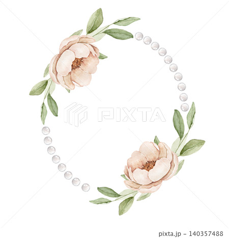 Oval pearl wreath with cream flowers and green leaves. Watercolor hand painted composition for invitations, greeting cards, stationery, wall art, scrapbook projects and wedding designs. Oval pearl wreath with cream flowers and green leaves. Watercolor hand painted composition for invitations, greeting cards, stationery, wall art, scrapbook projects and wedding designs. 140357488