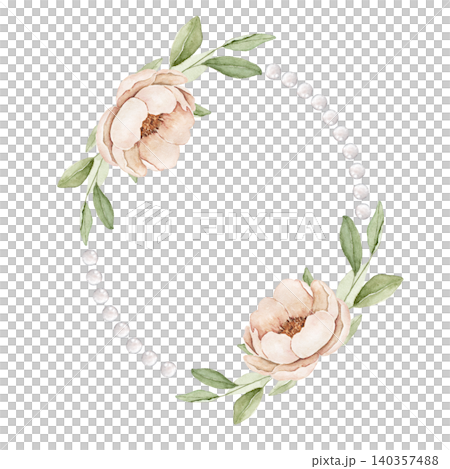 Oval pearl wreath with cream flowers and green leaves. Watercolor hand painted composition for invitations, greeting cards, stationery, wall art, scrapbook projects and wedding designs. Oval pearl wreath with cream flowers and green leaves. Watercolor hand painted composition for invitations, greeting cards, stationery, wall art, scrapbook projects and wedding designs. 140357488